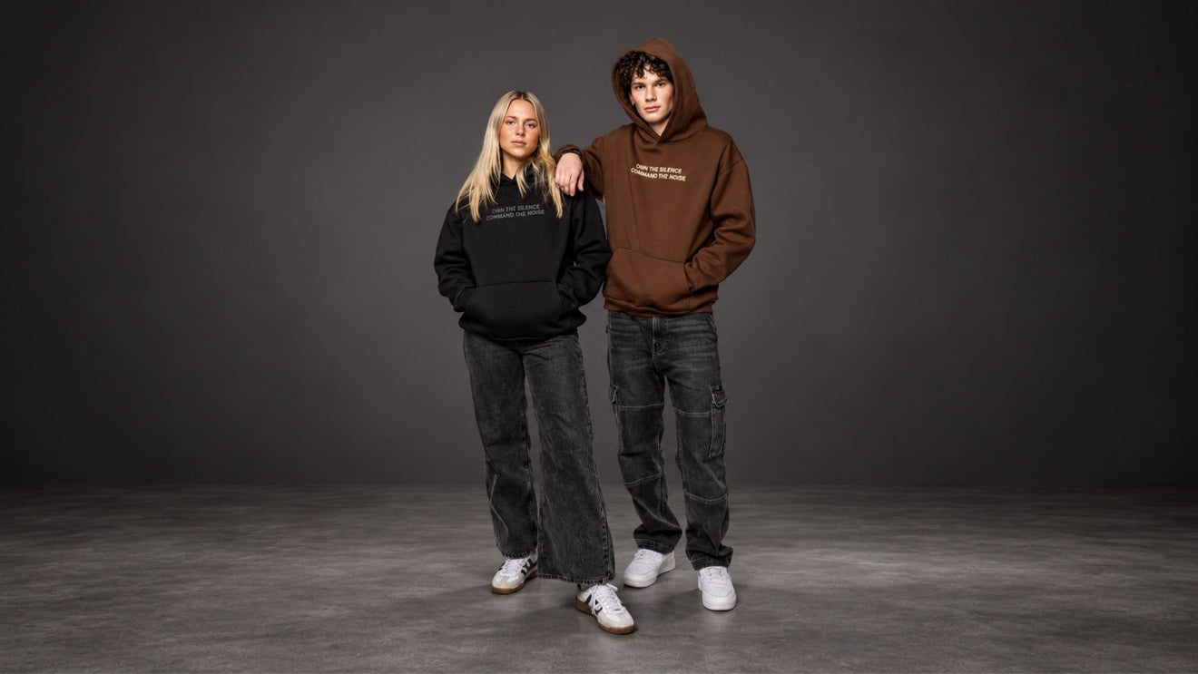 Zankira hoodies worn together, front view